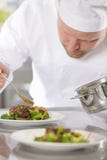 De professionele chef-kok bereidt vleesschotel bij restaurant voor stock foto De professionele chef-kok bereidt vleesschotel bij restaurant voor stock foto