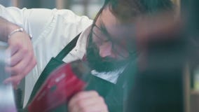 De professionele kapper gebruikte een hairdryer Slow-motion stock video De professionele kapper gebruikte een hairdryer Slow-motion stock video