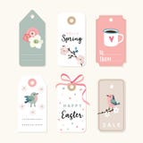 De reeks de lente, Pasen-giftmarkeringen en etiketten met bloemen, kers komt, vogels en roze lint tot bloei Geïsoleerdee vector Stock Foto De reeks de lente, Pasen-giftmarkeringen en etiketten met bloemen, kers komt, vogels en roze lint tot bloei Geïsoleerdee vector Stock Foto