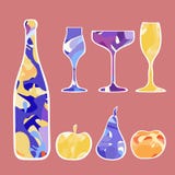 De reeks van het nieuwjaar van champagne en fruit royalty-vrije illustratie De reeks van het nieuwjaar van champagne en fruit royalty-vrije illustratie