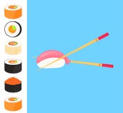 De reeks van sushi E Traditioneel Japans voedsel eetstokjes stock illustratie De reeks van sushi E Traditioneel Japans voedsel eetstokjes stock illustratie
