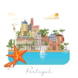 De reis vectorkaart van Portugal in moderne vlakke stijl met de gebouwen van Lissabon en Portugese herinneringen royalty-vrije illustratie De reis vectorkaart van Portugal in moderne vlakke stijl met de gebouwen van Lissabon en Portugese herinneringen royalty-vrije illustratie