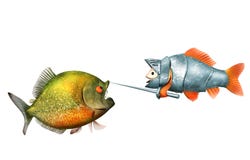 De ridder van de goudvis en piranha, duelconcept vector illustratie De ridder van de goudvis en piranha, duelconcept vector illustratie