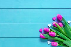 De roze kleurrijke tulpen over een blauwe achtergrond, in een vlakte leggen samenstelling met exemplaarruimte stock fotografie De roze kleurrijke tulpen over een blauwe achtergrond, in een vlakte leggen samenstelling met exemplaarruimte stock fotografie