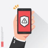 de telefoon van de handholding met aandacht die waakzaam teken met het symbool van het uitroepteken op het scherm waarschuwen het Stock Afbeeldingen de telefoon van de handholding met aandacht die waakzaam teken met het symbool van het uitroepteken op het scherm waarschuwen het Stock Afbeeldingen