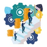 De vectorillustratie van bedrijfsgrafiek, een mens beklimt de carrièreladder Het opheffen van carrières aan succes, vlakke pictog royalty-vrije illustratie De vectorillustratie van bedrijfsgrafiek, een mens beklimt de carrièreladder Het opheffen van carrières aan succes, vlakke pictog royalty-vrije illustratie
