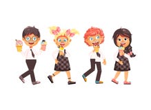 De vectorkinderen van illustratiebeeldverhaal geïsoleerde karakters, leerlingen, schooljongens, schoolmeisjes eten roomijs, vanil stock illustratie De vectorkinderen van illustratiebeeldverhaal geïsoleerde karakters, leerlingen, schooljongens, schoolmeisjes eten roomijs, vanil stock illustratie