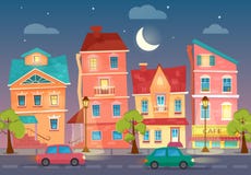 De vectorstraat van de beeldverhaalstad bij Nacht Straatlantaarns in de nacht Auto's op een weg royalty-vrije illustratie De vectorstraat van de beeldverhaalstad bij Nacht Straatlantaarns in de nacht Auto's op een weg royalty-vrije illustratie