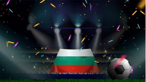 De ventilators houden de vlag van Bulgarije onder silhouet van menigtepubliek in voetbalstadion met confettien om voetbalspel te royalty-vrije illustratie De ventilators houden de vlag van Bulgarije onder silhouet van menigtepubliek in voetbalstadion met confettien om voetbalspel te royalty-vrije illustratie