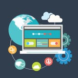 De vlakke de pictogrammenreeks van de ontwerp moderne vectorillustratie van websiteseo optimalisering, programmering verwerkt en stock illustratie De vlakke de pictogrammenreeks van de ontwerp moderne vectorillustratie van websiteseo optimalisering, programmering verwerkt en stock illustratie