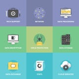 De vlakke geplaatste pictogrammen van netwerkdatadiensten vector illustratie De vlakke geplaatste pictogrammen van netwerkdatadiensten vector illustratie