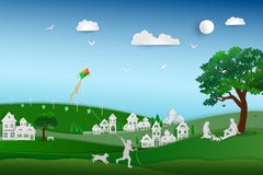 De volta à natureza e salvar o conceito do ambiente, amor da família o cão feliz e relaxe no prado, projeto de papel da arte ilustração royalty free De volta à natureza e salvar o conceito do ambiente, amor da família o cão feliz e relaxe no prado, projeto de papel da arte ilustração royalty free