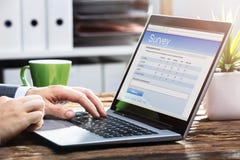 De Vorm van Businesspersonfilling online survey op Laptop stock afbeelding De Vorm van Businesspersonfilling online survey op Laptop stock afbeelding
