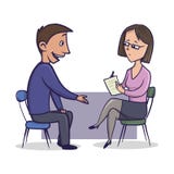 De vrouw in bureaukostuum en glazen luistert aan een man en maakt nota's Man besprekingen aan een vrouw die tegenover hem zitten stock illustratie De vrouw in bureaukostuum en glazen luistert aan een man en maakt nota's Man besprekingen aan een vrouw die tegenover hem zitten stock illustratie