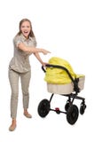 De vrouw met kinderwagen op wit wordt geïsoleerd dat royalty-vrije stock foto's De vrouw met kinderwagen op wit wordt geïsoleerd dat royalty-vrije stock foto's