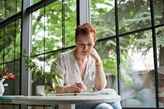 De vrouw schrijft in een notitieboekje stock afbeelding De vrouw schrijft in een notitieboekje stock afbeelding
