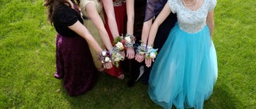 De Wapens van de meisjesholding uit met Corsagebloemen voor Prom stock foto De Wapens van de meisjesholding uit met Corsagebloemen voor Prom stock foto