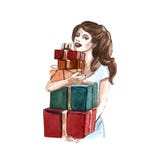 De waterverfillustratie van een vrouw met dozen van stelt ge?soleerd op witte achtergrond voor vector illustratie De waterverfillustratie van een vrouw met dozen van stelt ge?soleerd op witte achtergrond voor vector illustratie