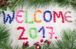 De welkom achtergrond van 2017 met pijnboomboom Stock Foto De welkom achtergrond van 2017 met pijnboomboom Stock Foto