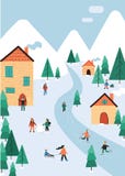 De winterlandschap met mensen en decoratie: boom, het schaatsen, slade, sneeuwman, gift, vlag vector illustratie De winterlandschap met mensen en decoratie: boom, het schaatsen, slade, sneeuwman, gift, vlag vector illustratie