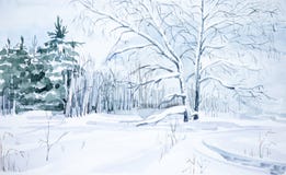 De winterlandschap van bos en sneeuwgebied Hand getrokken waterverfillustratie royalty-vrije illustratie De winterlandschap van bos en sneeuwgebied Hand getrokken waterverfillustratie royalty-vrije illustratie