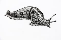 De witte achtergrond toont een kruipende die naaktslak met een zwarte gelpen wordt getrokken vector illustratie De witte achtergrond toont een kruipende die naaktslak met een zwarte gelpen wordt getrokken vector illustratie