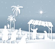 De zachte scène van de Kerstmisgeboorte van christus van het schaduwen Witte Silhouet met Magi royalty-vrije illustratie De zachte scène van de Kerstmisgeboorte van christus van het schaduwen Witte Silhouet met Magi royalty-vrije illustratie