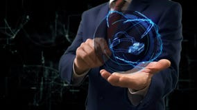 De zakenman toont conceptenhologram 3d VR-hoofdtelefoon op zijn hand De zakenman toont conceptenhologram 3d VR-hoofdtelefoon op zijn hand