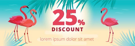De zomerverkoop, kortingsbanner met flamingo, tropische bladeren en overzeese achtergrond, exotisch bloemenontwerp voor banner, v vector illustratie De zomerverkoop, kortingsbanner met flamingo, tropische bladeren en overzeese achtergrond, exotisch bloemenontwerp voor banner, v vector illustratie