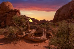 De zonsondergang toont door een natuurlijke zandsteenboog royalty-vrije stock afbeelding De zonsondergang toont door een natuurlijke zandsteenboog royalty-vrije stock afbeelding