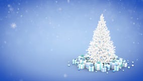 Decorated Christmas tree and gift boxes with falling snowflakes