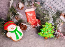 Decorated colored Christmas gingerbread spruce branches cones royalty free stock photos Decorated colored Christmas gingerbread spruce branches cones royalty free stock photos