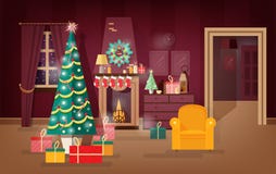 Decorated winter holidays living-room illustrating new year present under christmas tree. Colorful vector illustration. royalty free illustration Decorated winter holidays living-room illustrating new year present under christmas tree. Colorful vector illustration. royalty free illustration