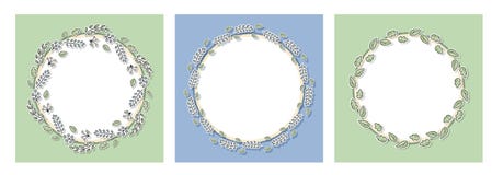 Decorative floral frames set with green leaves and branches. Cartoon hand drawn elements for web pages, wedding invitations, save stock illustration Decorative floral frames set with green leaves and branches. Cartoon hand drawn elements for web pages, wedding invitations, save stock illustration