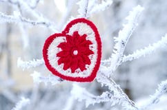 Decorative knitting heart on fir-tree branch. Winter holidays concept. Love concept background. February 14. Textile red heart on Royalty Free Stock Images Decorative knitting heart on fir-tree branch. Winter holidays concept. Love concept background. February 14. Textile red heart on Royalty Free Stock Images