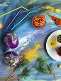 Decorative Seasonal Composition Of Vegetables, Spices, Fruits And Flowers Stock Photo Decorative Seasonal Composition Of Vegetables, Spices, Fruits And Flowers Stock Photo