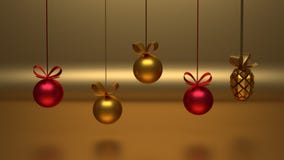 Decoração dourada e vermelha do Natal que pendura na frente do fundo dourado ilustração stock Decoração dourada e vermelha do Natal que pendura na frente do fundo dourado ilustração stock