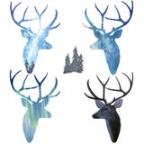 Deer in polar lights. Watercolor silhouette sky royalty free stock photo Deer in polar lights. Watercolor silhouette sky royalty free stock photo