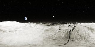 360 degree Moon landscape, equirectangular projection, environment map. HDRI spherical panorama. Space background