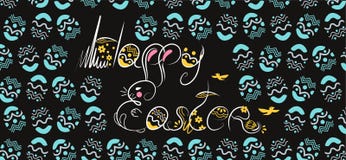 Dekoracyjna Wielkanocna ręka rysująca skład biała chrzcielnica na czarnym tle Śmieszny doodle od królika, jajka z kwiatami, ilustracja wektor Dekoracyjna Wielkanocna ręka rysująca skład biała chrzcielnica na czarnym tle Śmieszny doodle od królika, jajka z kwiatami, ilustracja wektor