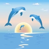 Delfínes de salto delante de una puesta del sol sobre el mar stock de ilustración Delfínes de salto delante de una puesta del sol sobre el mar stock de ilustración