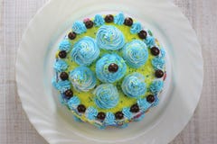 Delicious cake slice on a blue and white plate with chocolate balls. stock image Delicious cake slice on a blue and white plate with chocolate balls. stock image