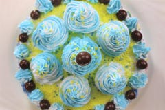 Delicious cake slice on a blue and white plate with chocolate balls. royalty free stock photos Delicious cake slice on a blue and white plate with chocolate balls. royalty free stock photos