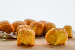Delicious food, Thai people called "Hoi cho" - Jock fried shrimp on brown wood chopping board, Delicious snacks. royalty free stock images Delicious food, Thai people called "Hoi cho" - Jock fried shrimp on brown wood chopping board, Delicious snacks. royalty free stock images