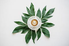 Delicious fresh morning cappuccino coffee in a mug with a flower pattern. Nearby lie the leaves of the plant for Royalty Free Stock Images Delicious fresh morning cappuccino coffee in a mug with a flower pattern. Nearby lie the leaves of the plant for Royalty Free Stock Images