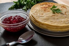 Delicious pancakes with raspberry jam stock image Delicious pancakes with raspberry jam stock image
