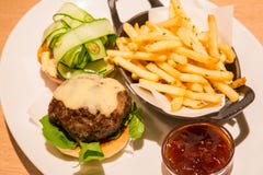 Delicious wagyu beef burger with french fried and sauce. royalty free stock photo Delicious wagyu beef burger with french fried and sauce. royalty free stock photo