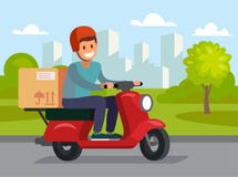 Delivery man riding red motor bike. Royalty Free Stock Images Delivery man riding red motor bike. Royalty Free Stock Images