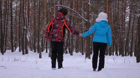 Den förälskade mannen och kvinnan går till och med den snöig vintern sörjer parkerar och skrattar Förhållanden av vuxna människor lager videofilmer Den förälskade mannen och kvinnan går till och med den snöig vintern sörjer parkerar och skrattar Förhållanden av vuxna människor lager videofilmer