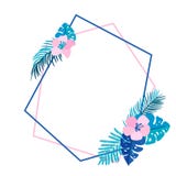 Den geometriska sommarkransen med tropiskt gömma i handflatan blomman och stället för text För vektorträdgård för plan ört abstra stock illustrationer Den geometriska sommarkransen med tropiskt gömma i handflatan blomman och stället för text För vektorträdgård för plan ört abstra stock illustrationer